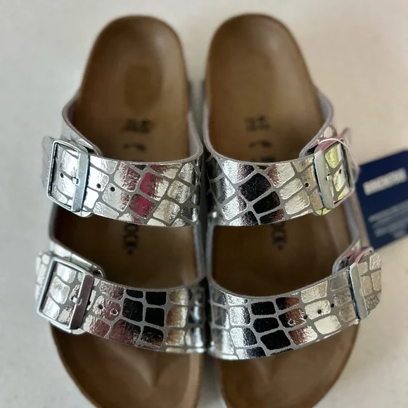 BIRKENSTOCK Arizona Gator Gleam Silver Size 40 US 9 Narrow Fit - Picture 2 of 6